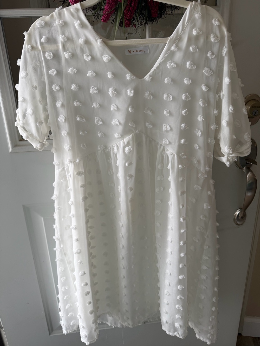 S/M Kirundo White Textured Swiss Dot Babydoll Dress, Mini/Midi